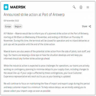 刚刚，马士基遭受该国港口码头协会指控！安特卫普港罢工，海陆空受限，码头停摆货物延误！